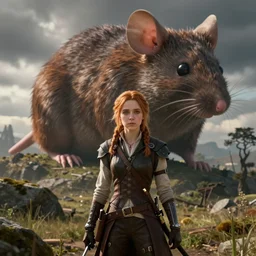 katniss everdeen, a giant mouse is in the background, digital art by greg rutkowski, artstation