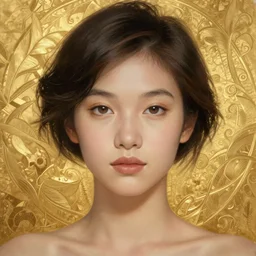toph bei fong portrait, olive skin, short dark hair, shiny gold background, intricate, elegant, highly detailed, digital painting, artstation, concept art, smooth, sharp focus, illustration, artgerm, rutkowski, mucha