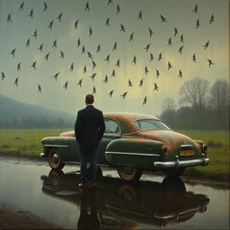 golconda painting, thousand men falling from the sky, magritte, a man standing next to an old car in the rain, camera from behind, trending in artsation, stefan koidl