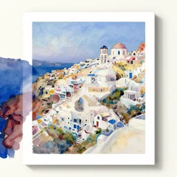 art print, abstract watercolour, painting, pastel colours, seaside greek town santorini on a hill, by ana rut bre, society 6