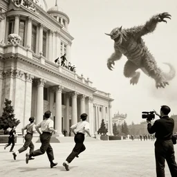 a few people run from a luxury building as cameraman points at large flying monster, 1 9 0 0 s photograph