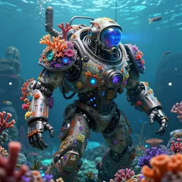 insanely epic dieselpunk underwater explorer, covered in vibrant corals, octane 3 d, octane render, unreal engine, volumetric lighting, artstation, highly detailed, sharp focus, dieselpunk colors, bioluminiscent details