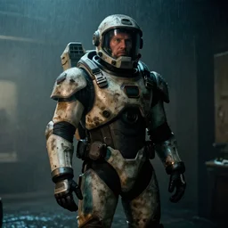 photograph of gordon freeman in a damaged, scratched and worn down hev suit, night, rain, dense fog, dark room, cinematic, volumetric lighting, f 8 aperture, cinematic eastman 5 3 8 4 film, photorealistic