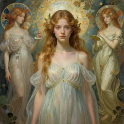 beautiful young goddess by zdzisław beksinski, iris van herpen, jean delville, jeffrey smith, frank cadogan cowper, and alphonse mucha, detailed whimsical ethereal beautiful portrait, beautifully lit, visionary, ai biodiversity, otherworldly, surreality, dreamscape