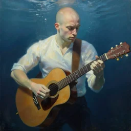 a handsome bald young man playing guitar underwater painting by rembrandt
