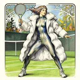 a low angle copic maker art nouveau portrait of a russian girl playing tennis on a grass court wearing a futuristic puffy anorak and a latex suit designed by balenciaga by john berkey norman rockwell