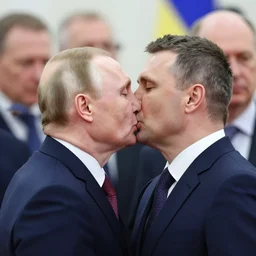 photorealistic picture of Putin and Viktor orban kissing by Mandy Jurgens and Richard Schmid and chuck close and mucha