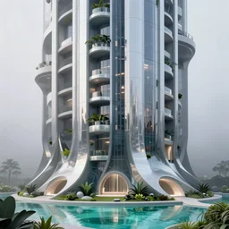 highly detailed futuristic vertical architecture by Félix Candela, reflective lighting, stylized vegetation, ground-level view, puddles of turquoise water, foggy atmosphere, stunning sunny lighting, sunrise, vivid colors, in the style of pixar animation, trending on Artstation, 8k, matte painting, ray tracing, hyper detailed, unreal engine 5, cinematic, epic lighting, cryengine, octane render, cyberpunk, red and orange glow, vibrant