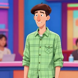 extremely detailed illustration of a thin guy with a big nose and an overbite wearing a brown beret and a palid green plaid shirt stand up participating on a tv show, coloful, vibrant colors,  Trending on Artstation, HQ, deviantart, art by artgem