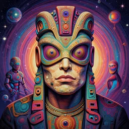 a surreal portrait of elon musk as a masked psychedelic neural tiki reptile stone god figure by naoto hattori, android jones, and chris dyer, deep bold colors, galactic dmt entity, depth of field, intricate beautiful painting, billions of details, octane render, portal, 8 k, detailed vector, trending on artstation, cgisociety wow!!!!!