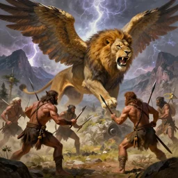 cavemen with spears in the foreground, a giant roaring lion with wings in the midground, mountains and thunder in background, fight, matte painting in the style of greg rutkowski and james gurney, trending on Artstation, digital art