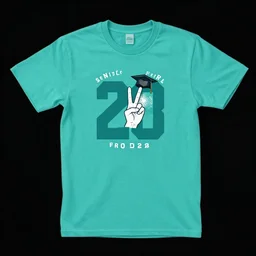 guy laying down peace sign, teal, 2 0 2 3 senior graduation shirt, clean graphic design, solid black background
