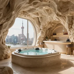 premium hot tub and bar design, inspired by beige calcite caves, chicago, shanghai, penthouse