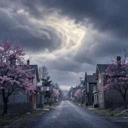 curved perspective digital art of a clowdy spring small town street, curvy clouds, from nightmare before christmas by anton fadeev