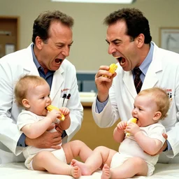 jerry seinfeld and tim allen as doctors screaming angrily at babies about eating all their corn hyperrealism photo - realistic