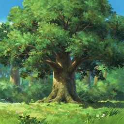 An anime movie background matte painting of a great oak tree in the middle of a clearing in a faerie forest, by Makoto Shinkai, trending on Artstation, highly detailed