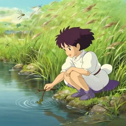Beautiful anime by studio ghibli. a purple furry crouches near a stream to hunt for tadpoles. she clutches a twig in her hand. the reeds and wild grasses of the water\'s edge gently sway in the breeze as dragonflies dance and dart above. nostalgic feeling. warm, happy memories. wonderful world. fresh morning scene.