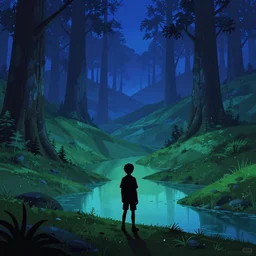 silhouette of a boy in a hilly green blue sci - fi fantasy dystopian redwood forest with ponds at dusk. perspective landscape fantasy science fiction. high contrast, strong shadows. deep colorful soft gradients, rich blue tones. by norman rockwell, eyvind earle, gabriel welch, and randall roberts. artstation