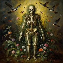 'Life from death' A beautiful detailed aesthetic horror full body portrait painting depicting 'A complete skeleton with plants and flowers growing all over it, birds and insects flying all around it' by giuseppe arcimboldo and Esao Andrews, Trending on cgsociety artstation, 8k, masterpiece, cinematic lighting, vibrant colors.