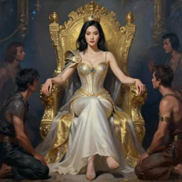 portrait of a beautiful young asian woman with shoulder length hair and strong facial bone structure, queen and ruler of the universe, sitting on her throne, men kneeling at her feet, painting by ross tran