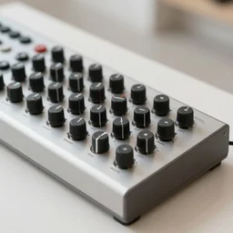 dezeen showroom, dezeen , minimalissimo, archdaily, ignant, trending on behance, product design concept on top photo of moog synthesizer knobs, 8k, high detailed photo