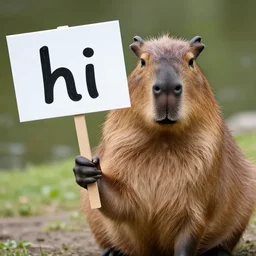 realistic high quality photo of a capybara holding a sign with text that reads : hi