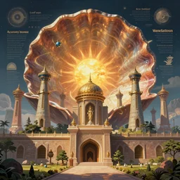 a majestic photograph of the entrance kingdom of agharta, land of advanced races, giant, hollow earth infographic, illustrations, a big shell with a sun in the interior, dynamic lighting, fantastically beautiful, aesthetically inspired by monia merlo, trending on artstation, art by daniel merriam, 8 k, upscale