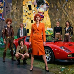 a clockwork orange female droog gang designed artgerm gustav klimt and a red pininfarina sportscar in the background hdr, 8 k, hyperrealistic, volumetric lighting