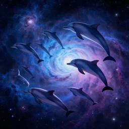 digital illustion of a pod of majestic cosmic dolphins swimming through a nebula in space, deviantArt, artstation, artstation hq, hd, 4k resolution