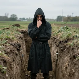 plague doctor pondering over a dug out trench