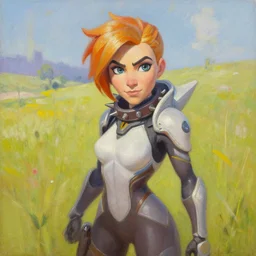 oil painting of tracer overwatch in a field wearing spiked collar uniform, in style of steve henderson, expressive face, detailed face, detailed eyes, full body, feminine face, tracer overwatch,