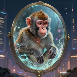 portrait of a monkey in a magical mirror, half submerged in energy, highly detailed, digital painting, artstation, night scene in a futuristic city, wlop concept art, smooth, sharp focus, illustration, art by dreadjim, craig mullins and greg rutkowski, 8 k