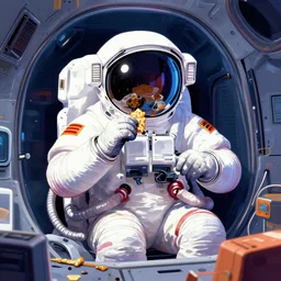 astronaut inside a spaceship eating snacks, vapourwave