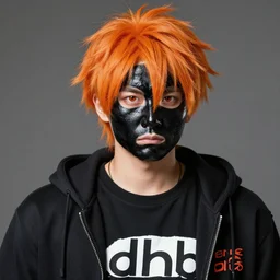 orange hair with a black face mask wearing a hoodie and a shirt with dhb on it, mega detailed, highly detailed,