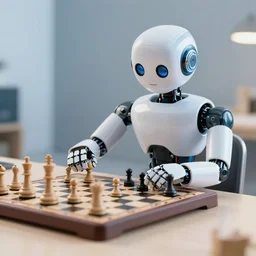 clever robot playing chess sitting at a table