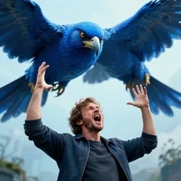 a cinematic poster photo of 8 k ultra realistic man with his hands up yelling shouting at a giant blue bird, exotic, cinematic lighting, trending on artstation, 4 k, hyperrealistic, focused, high details, unreal engine 5, cinematic, 3 d render by beeple