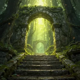a first person perspective shot looking up a stone staircase leading to an ancient stone archway that leads to an aaahh!!! Real monsters dimension covered in vines and emanating glowing yellow green light