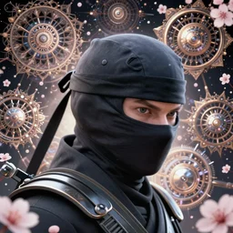 a headshot of a ninja!!!!, offset in the frame, surrounded by fractals, mandalas, cherry blossoms, hadron collider technology, metal gears, swirling bioluminescent energy, art by peter mohrbacher and dan mumford, 8 k octane render, hyperrealistic, zbrush, cinema 4 d