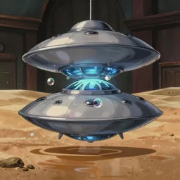 realistic interior shot from howls moving castle ( 2 0 0 4 ) a hand warping around a silver ufo. bubble in a flooded desert. cartoon depth of field.
