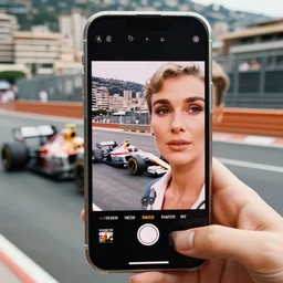 selfie smartphone photo of a young Grace Kelly at the Monaco Gran Prix, F1 cars blurred in background, iphone photo, smartphone resolution, low resolution camera