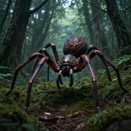 giant spider monster in a dark forest, by andreas rocha