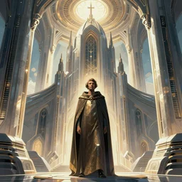 centered portrait of illustration, imposing futuristic church ( amazing architecture ) man wearing in cloak, awesome scheme, intrincate, volumetric, art by jean giraud and moebius