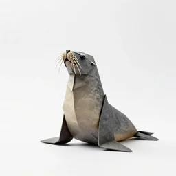 origami sea lion, photorealistic wildlife photography, full body, isolated on a pure white background, centered, entire subject in frame, sharp focus, soft studio lighting