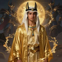 portrait of young arabian nomad half anubis celestial, with golden fabrics, league of legends splash art, castlevania, hearthstone splash art, full body shot, rule of thirds, ultrafine hyperrealistic detailed face, artgerm, greg rutkowski, trending on artstation, 8 k, intricately detailed, highly detailed