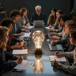 creativity, 13 diverse creatives on one_side of a reflective !creativity table, inticrate detailed glowing ideas, highly detailed, dramatic lighting, fine details, high details, beautiful lighting