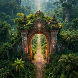 a hyper realistic professional photographic view picture of a heavenly gate in the jungle ,photographic filter unreal engine 5 realistic hyperdetailed 8k ultradetail cinematic concept art volumetric lighting, fantasy artwork, very beautiful scenery, very realistic painting effect, hd, hdr, cinematic 4k wallpaper, 8k, ultra detailed, high resolution, artstation trending on artstation in the style of Albert Dros glowing rich colors powerful imagery nasa footage drone footage drone photography