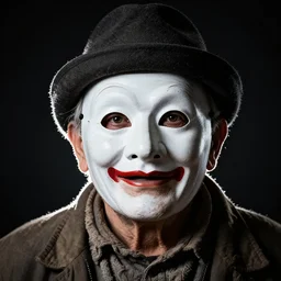 high contrast studio close - up portrait of a wrinkled old man wearing a pulcinella mask, clear eyes looking into camera, baggy clothing and hat, backlit, dark mood, nikon, photo by rehahn, masterpiece