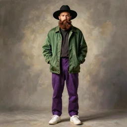 a man with a chin curtain brown beard and without mustache in a black hat, green jacket, purple pants and white sneakers in full height, perfect face, concept art