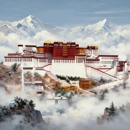 a beautiful painting of one huge ancient palace on the snow - capped mountains, clouds