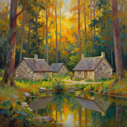 stone cottages underneath a dense tall forest, pristine ponds. bodyscapes. fine painting intricate brush strokes, bright depth oil colors. 2 8 mm perspective multisourced photography by araken alcantara. intense promiseful happiness, autumn sunrise warm hdri forest light